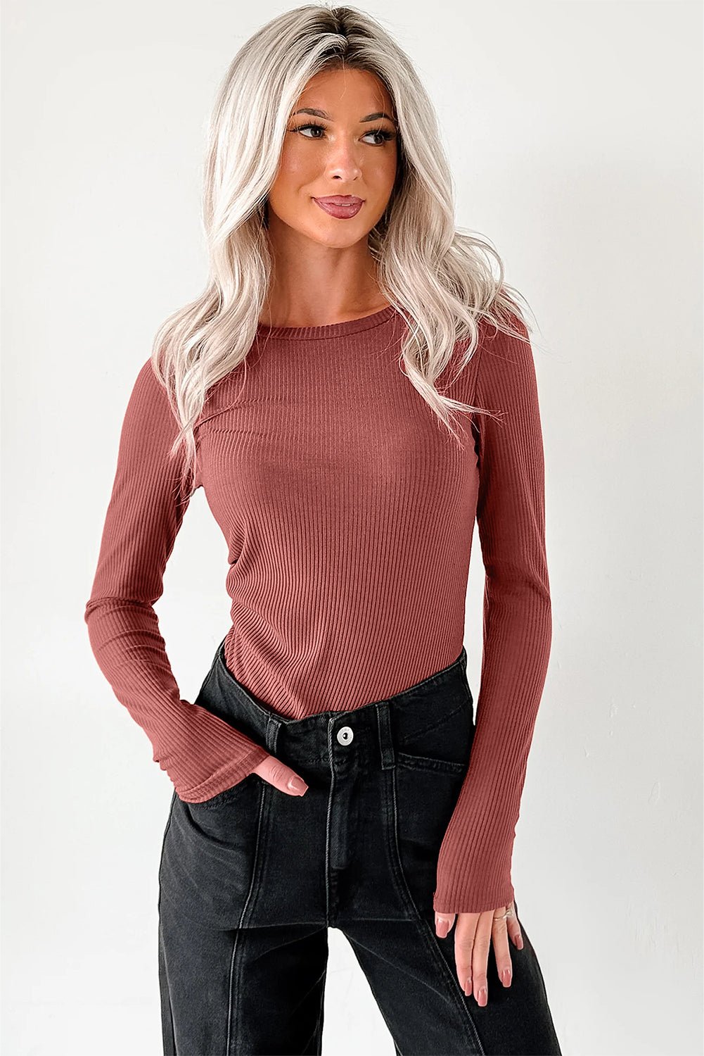 Mineral Red Ribbed Long Sleeve Crew Neck Solid Color Bodysuit - MAD RUFFI