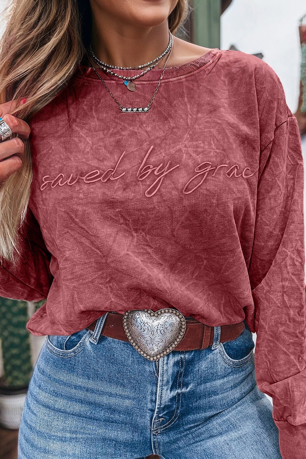 Mineral Red saved by grace Letter Embroidery Mineral Wash Loose Sweatshirt - MAD RUFFI