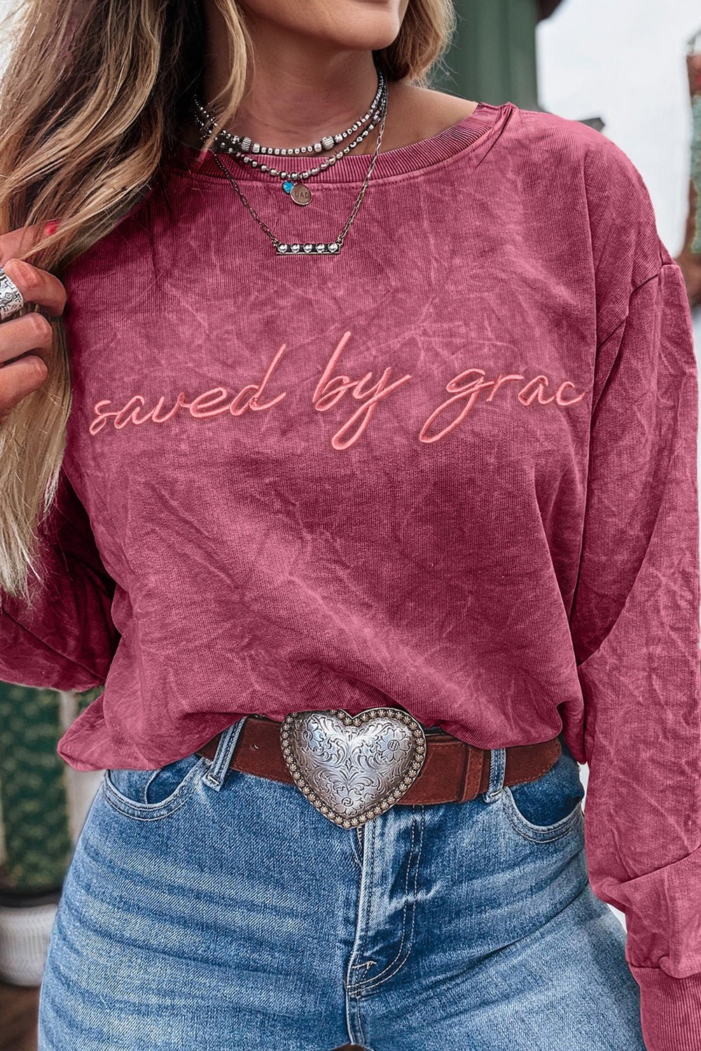 Mineral Red saved by grace Letter Embroidery Mineral Wash Loose Sweatshirt - MAD RUFFI