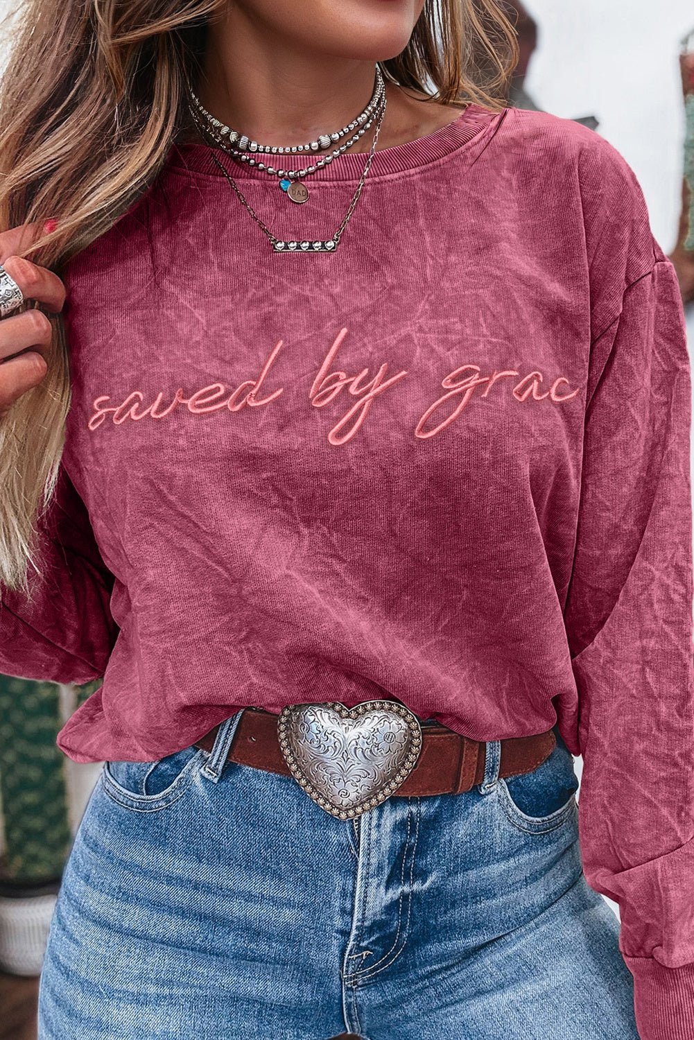 Mineral Red saved by grace Letter Embroidery Mineral Wash Loose Sweatshirt - MAD RUFFI