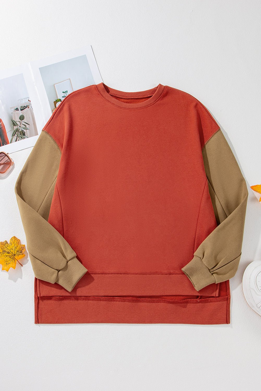 Mineral Red Two Tone Patchwork Drop Shoulder Pullover Sweatshirt - MAD RUFFI
