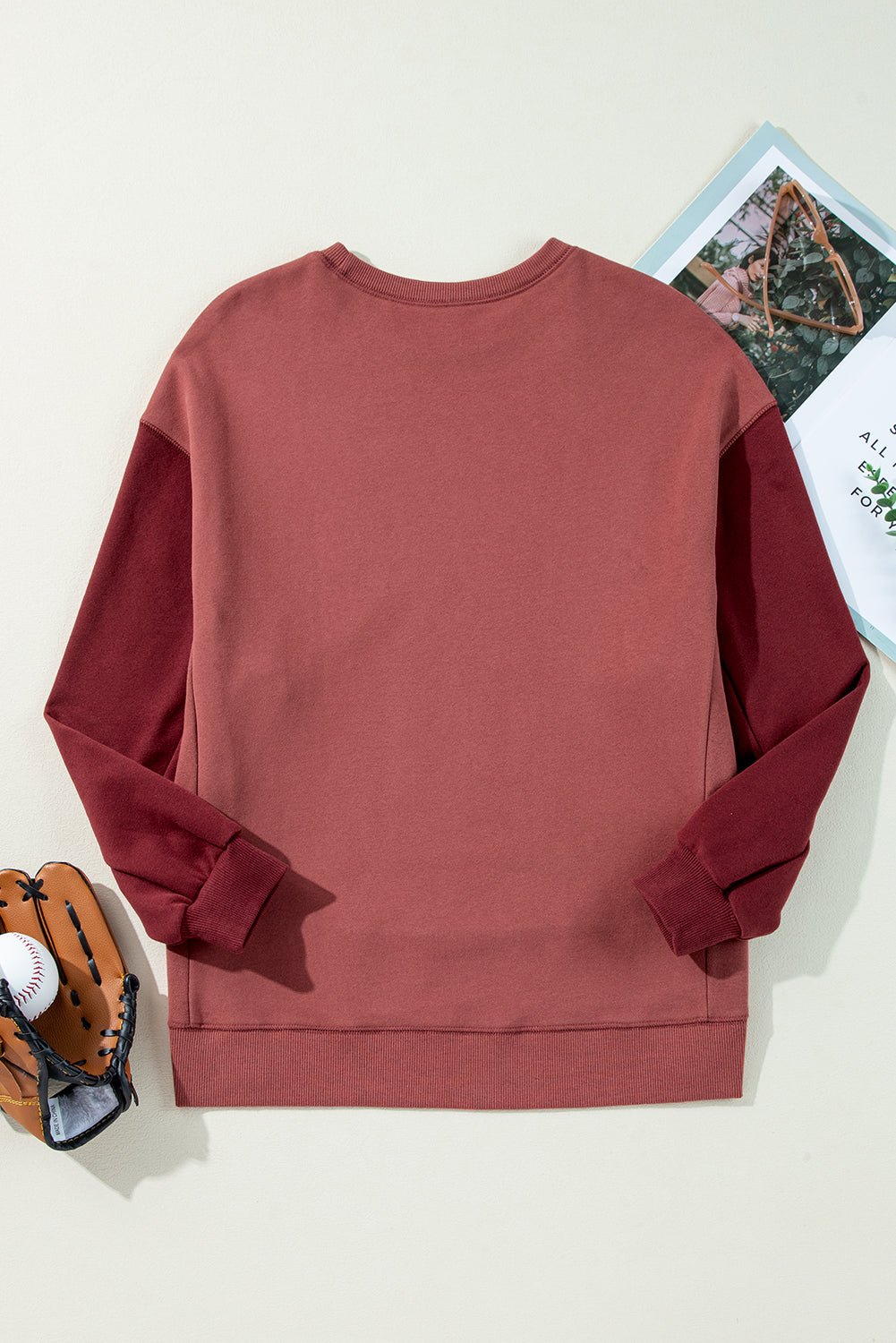 Mineral Red Two Tone Patchwork Drop Shoulder Pullover Sweatshirt - MAD RUFFI