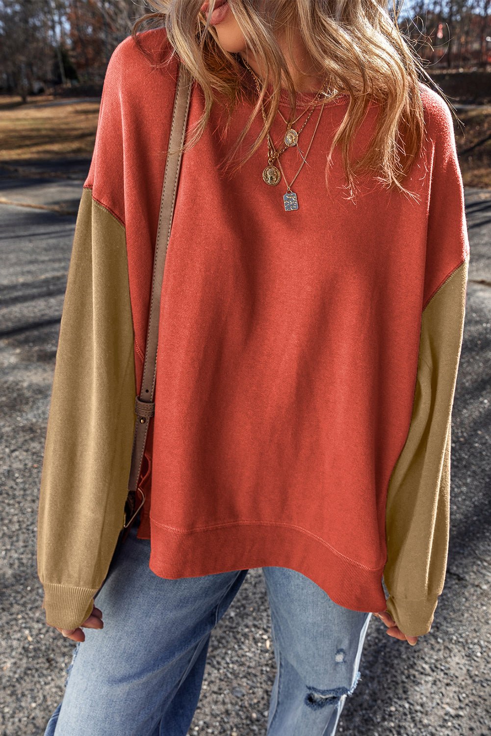 Mineral Red Two Tone Patchwork Drop Shoulder Pullover Sweatshirt - MAD RUFFI