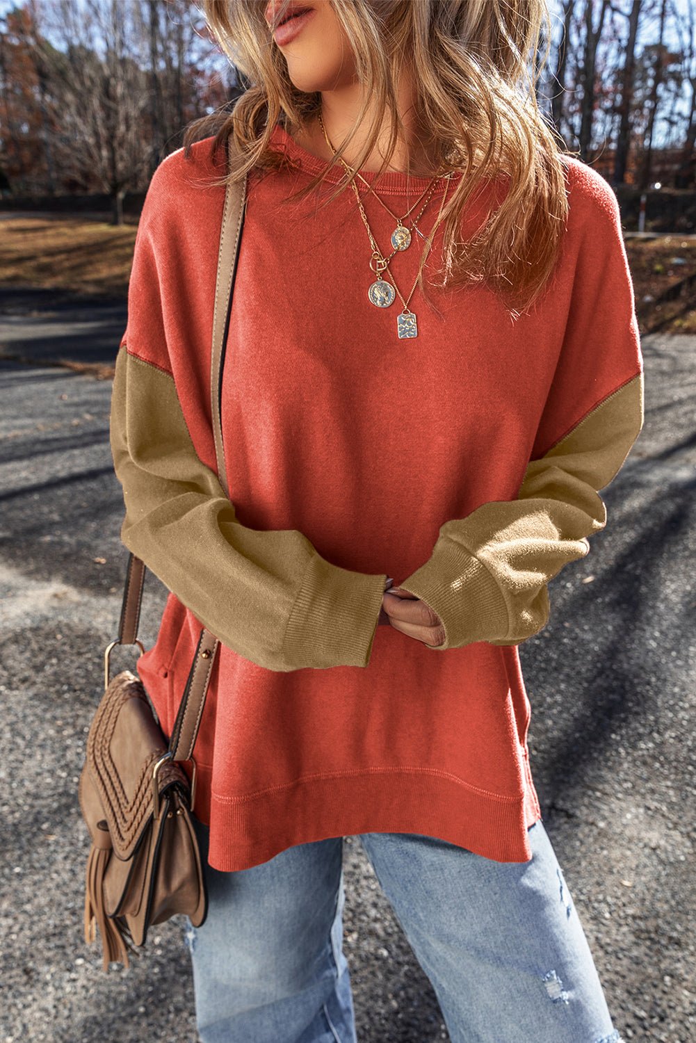 Mineral Red Two Tone Patchwork Drop Shoulder Pullover Sweatshirt - MAD RUFFI