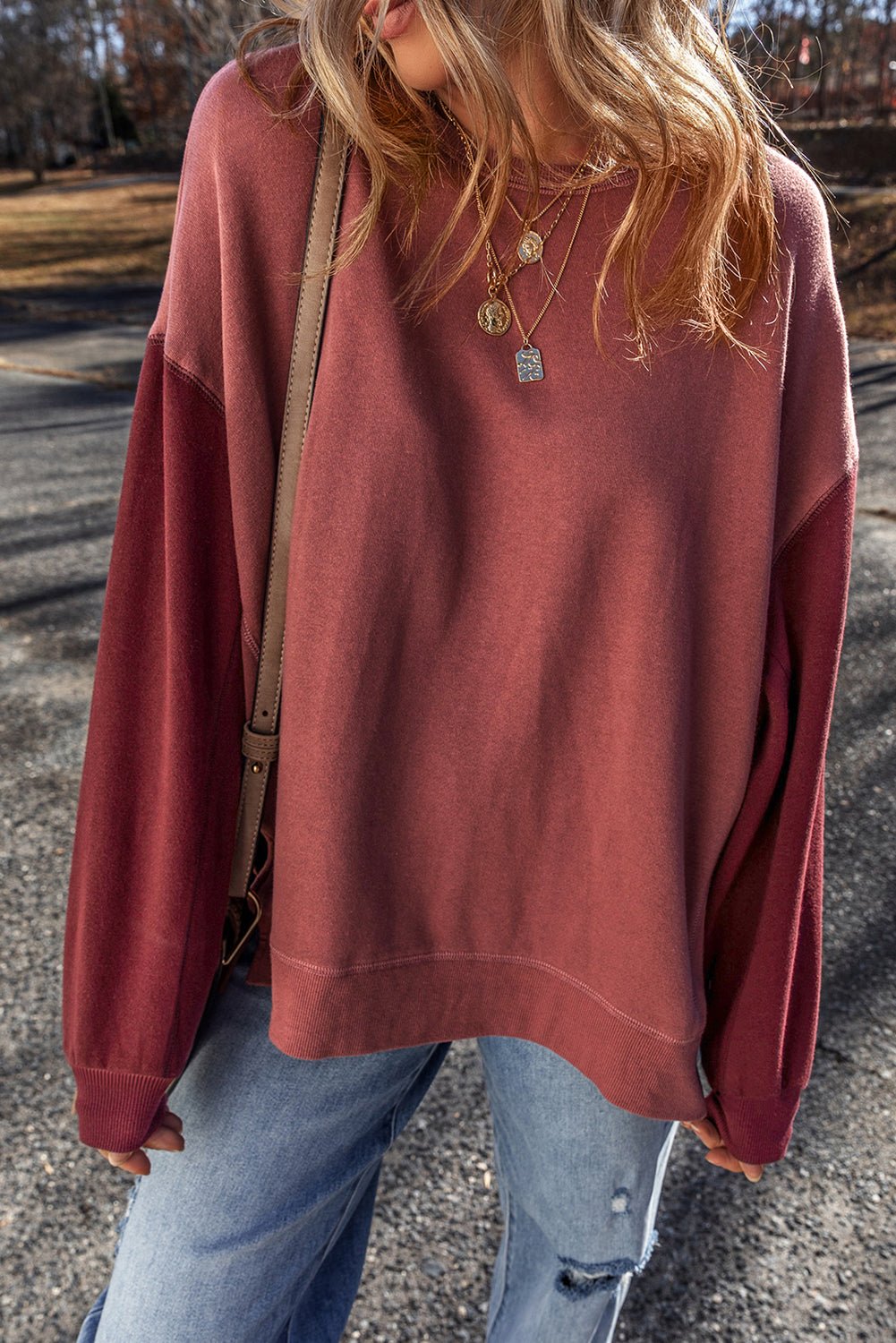 Mineral Red Two Tone Patchwork Drop Shoulder Pullover Sweatshirt - MAD RUFFI