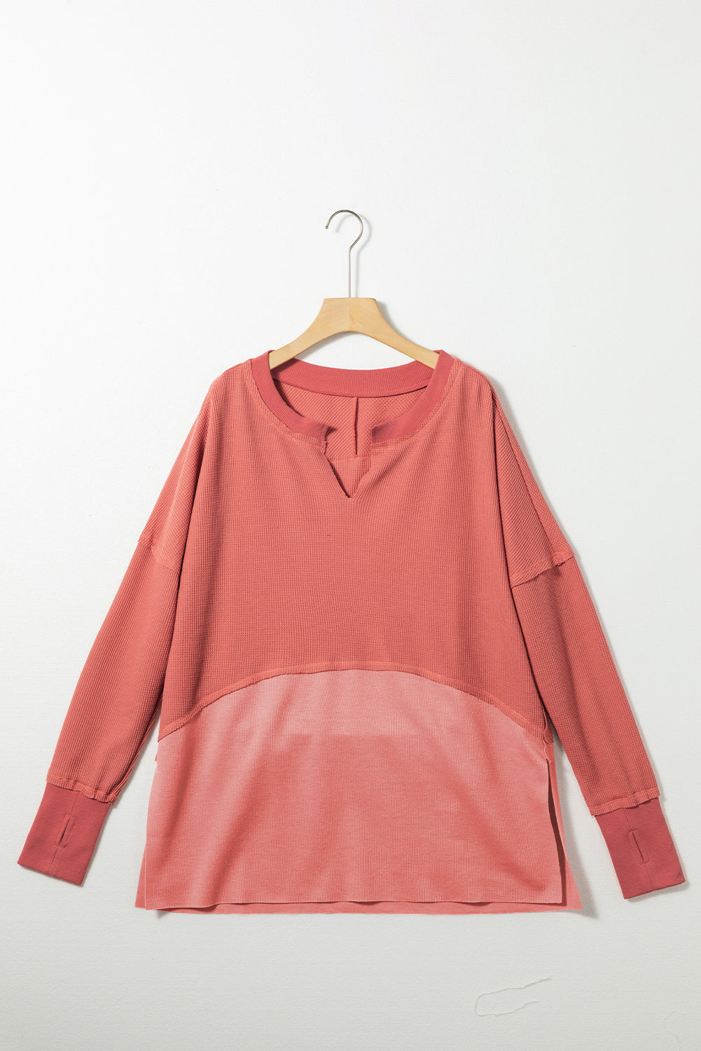 Mineral Red Waffle Knit Patchwork Exposed Seam Long Sleeve Top - MAD RUFFI