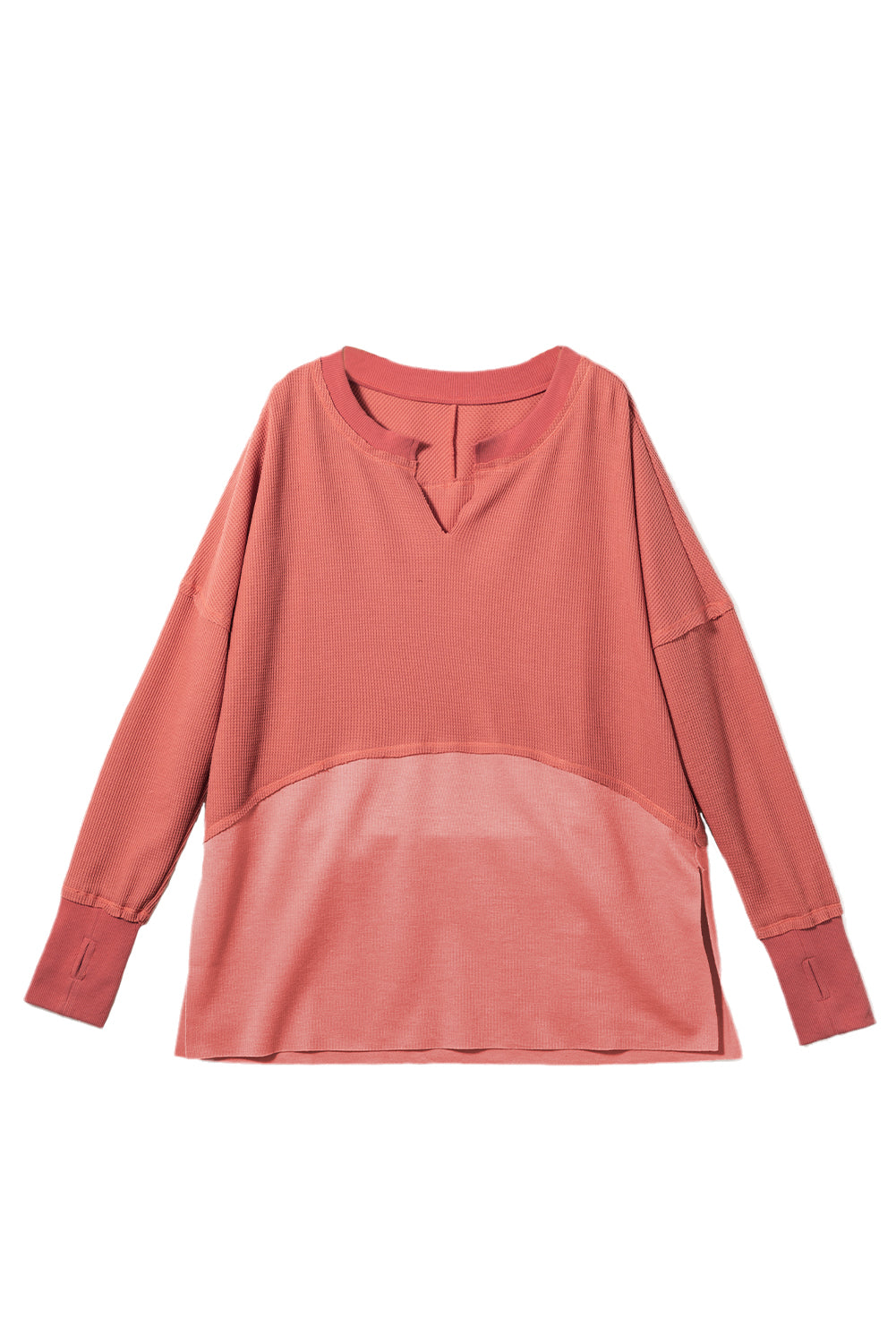 Mineral Red Waffle Knit Patchwork Exposed Seam Long Sleeve Top - MAD RUFFI