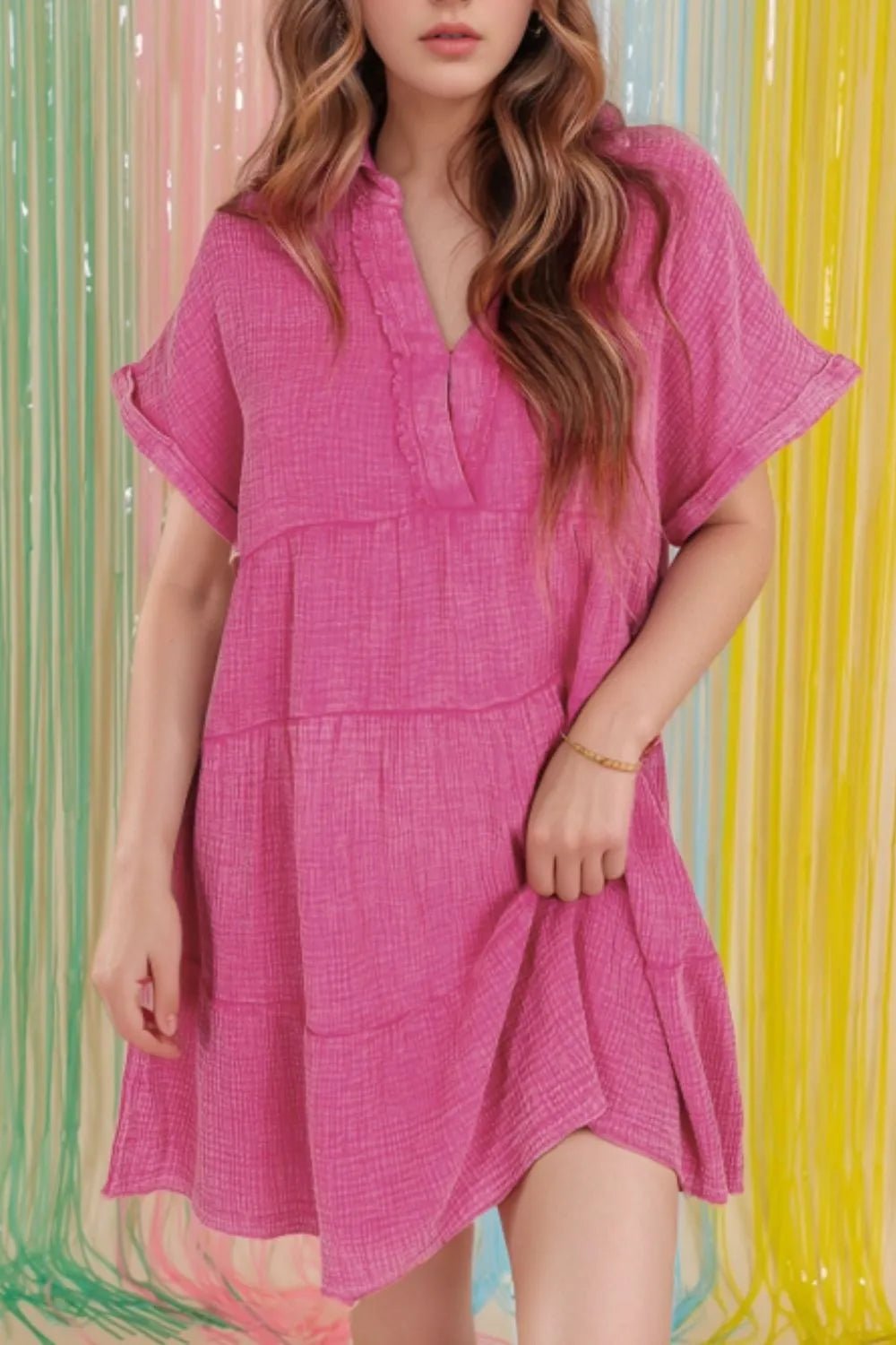 Mineral Wash Crinkle Split Neck Raw Hem Tiered Dress - MAD RUFFI