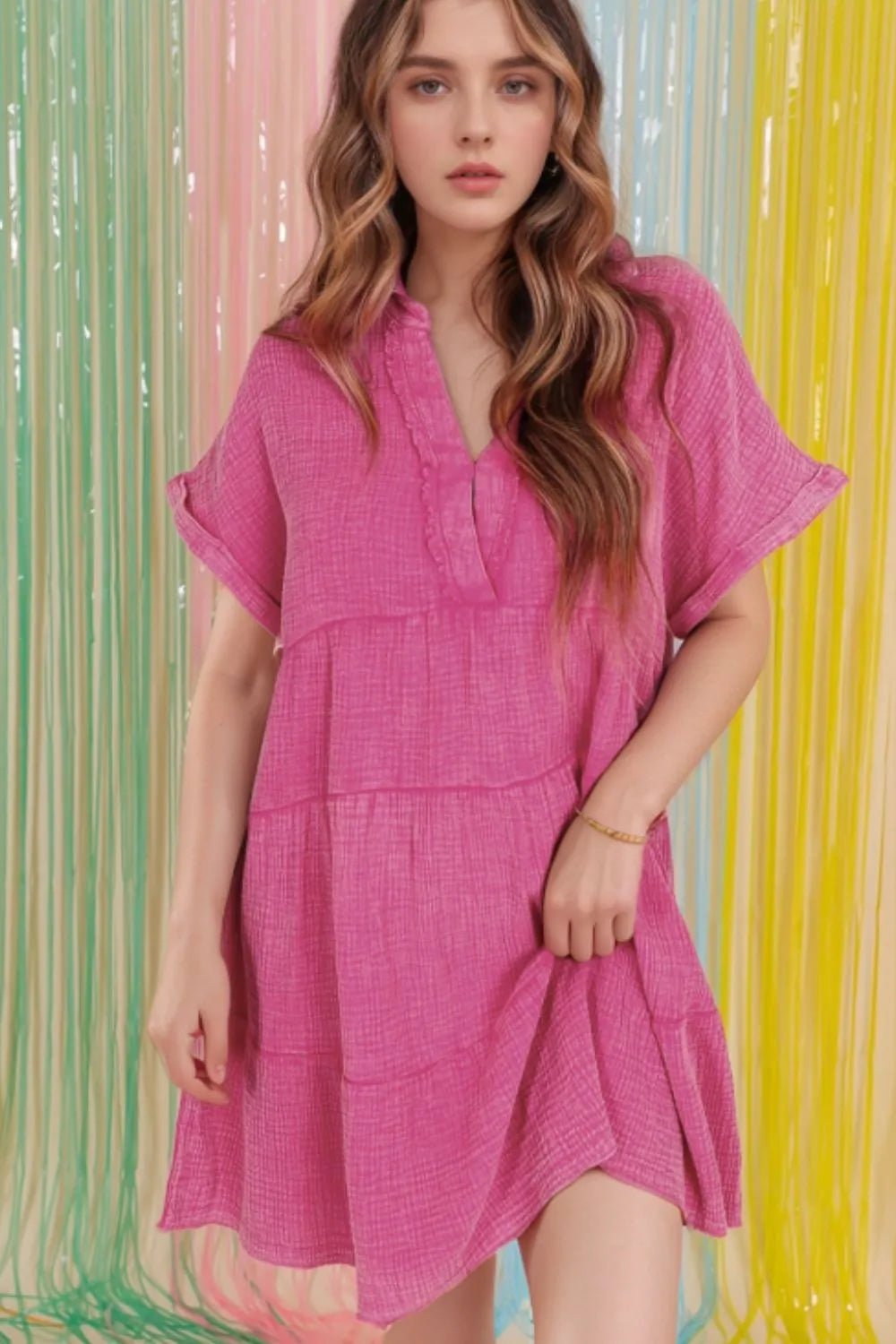 Mineral Wash Crinkle Split Neck Raw Hem Tiered Dress - MAD RUFFI