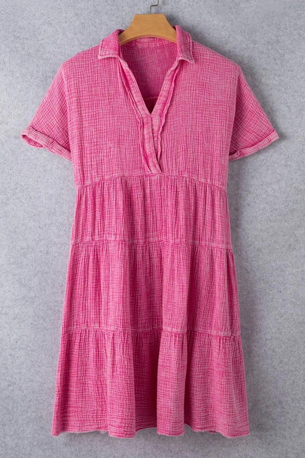 Mineral Wash Crinkle Split Neck Raw Hem Tiered Dress - MAD RUFFI