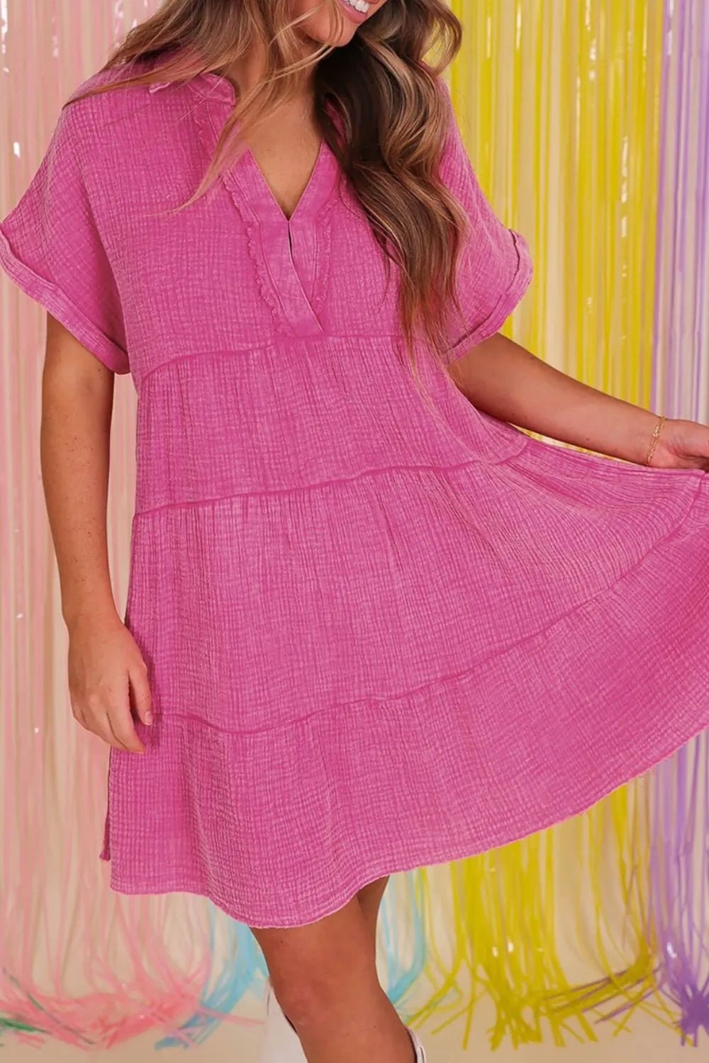 Mineral Wash Crinkle Split Neck Raw Hem Tiered Dress - MAD RUFFI