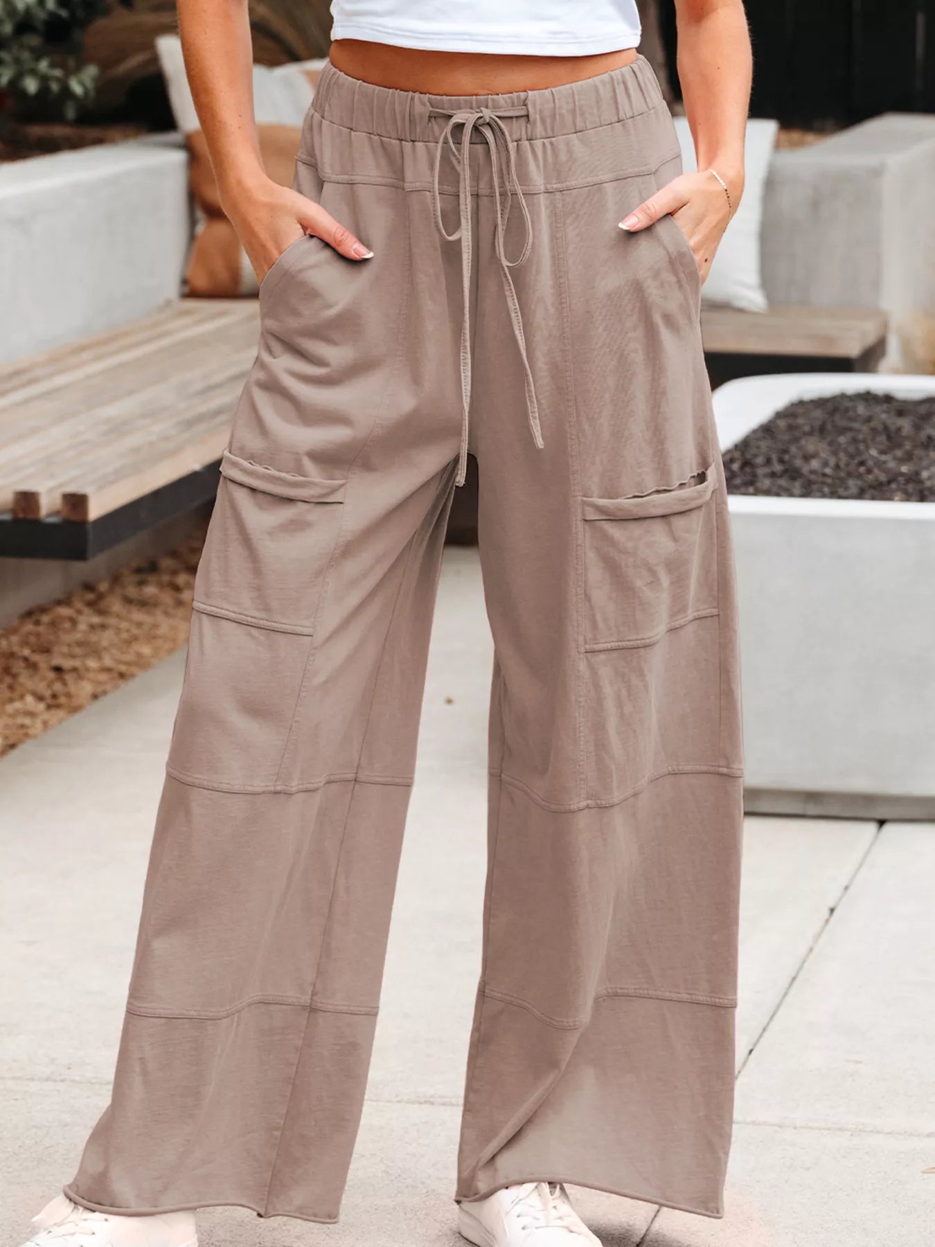 Mineral Wash Exposed Seam Drawstring Elastic Waistband Wide Leg Cargo Pants - MAD RUFFI