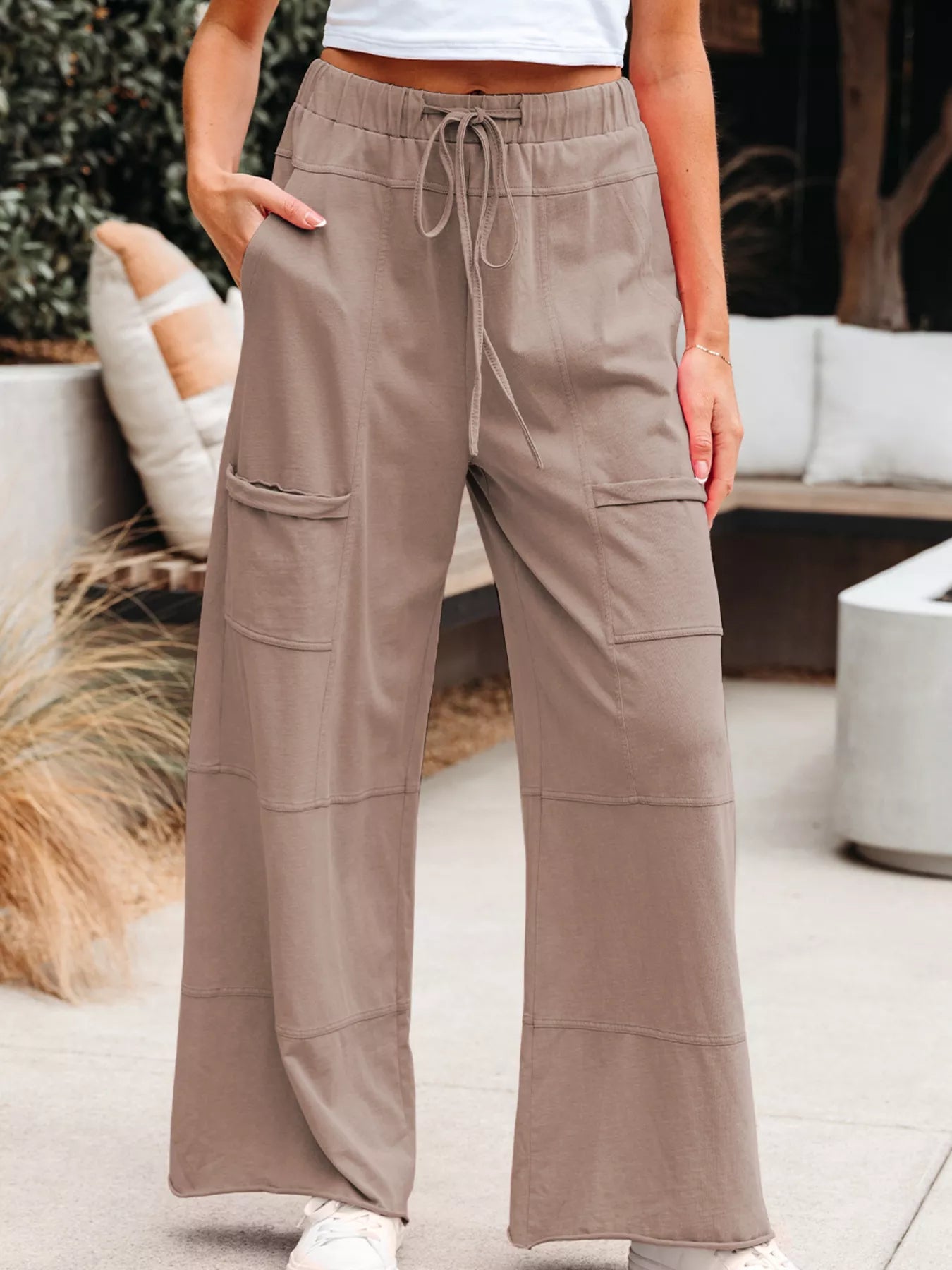 Mineral Wash Exposed Seam Drawstring Elastic Waistband Wide Leg Cargo Pants - MAD RUFFI