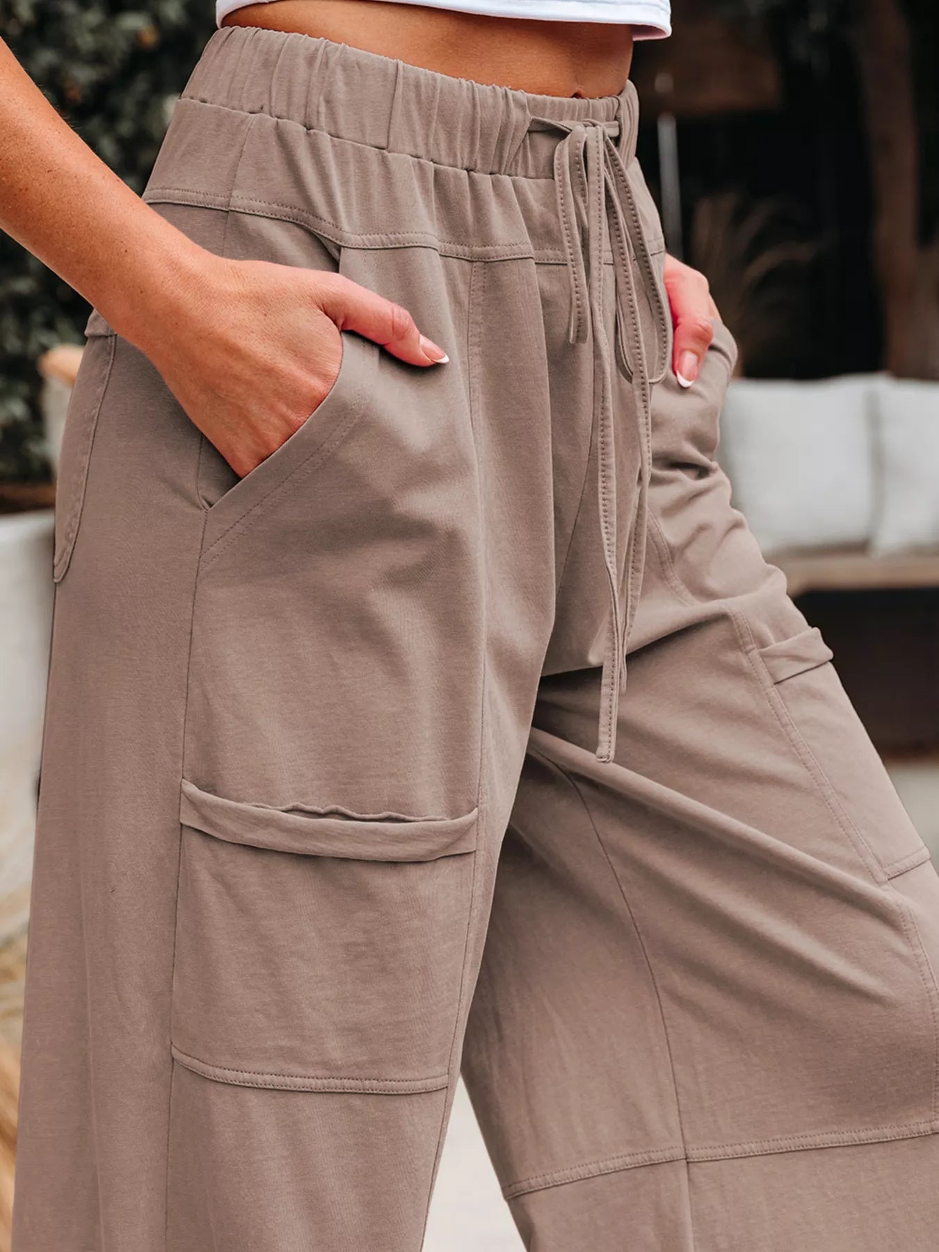 Mineral Wash Exposed Seam Drawstring Elastic Waistband Wide Leg Cargo Pants - MAD RUFFI
