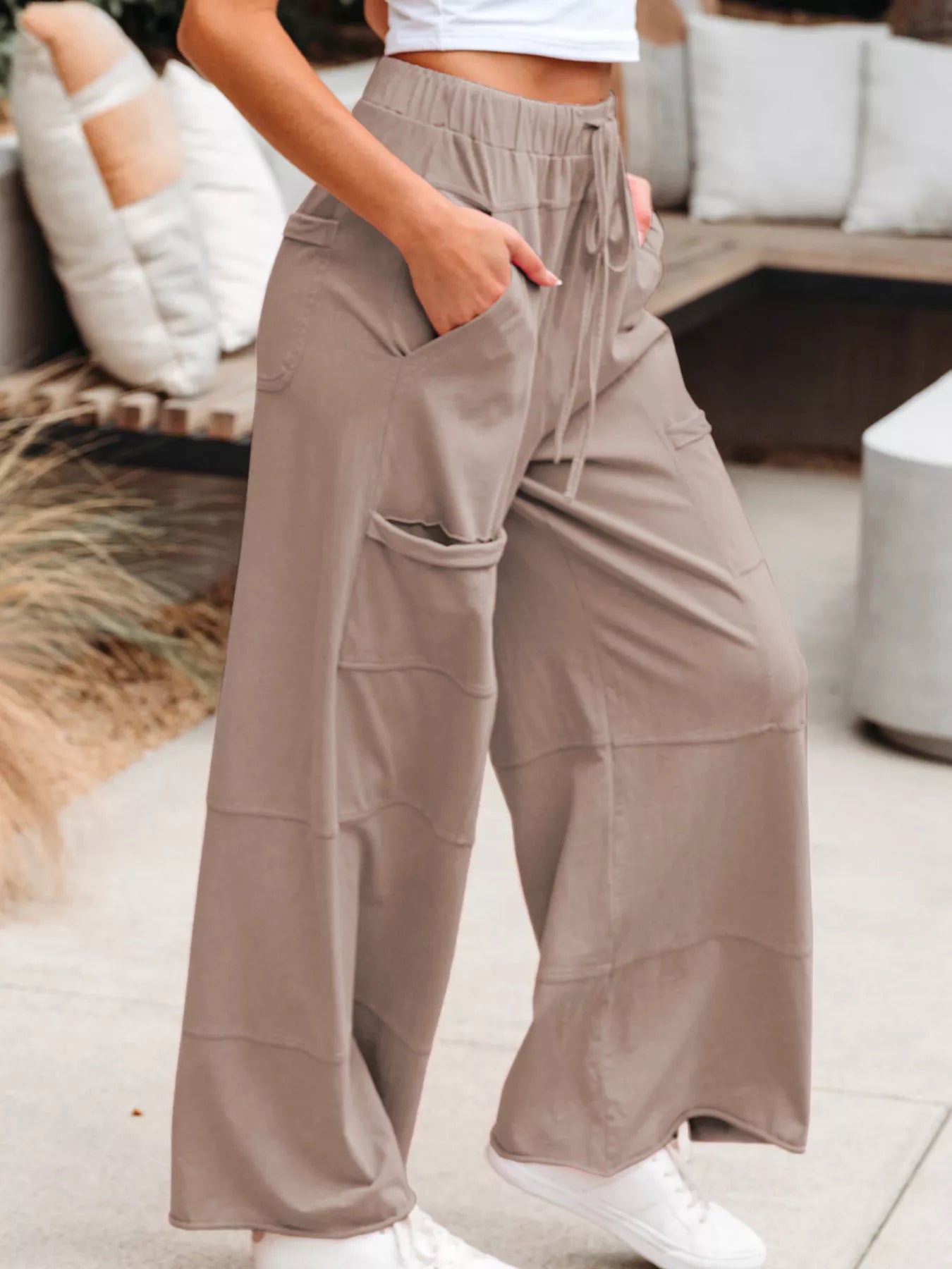 Mineral Wash Exposed Seam Drawstring Elastic Waistband Wide Leg Cargo Pants - MAD RUFFI