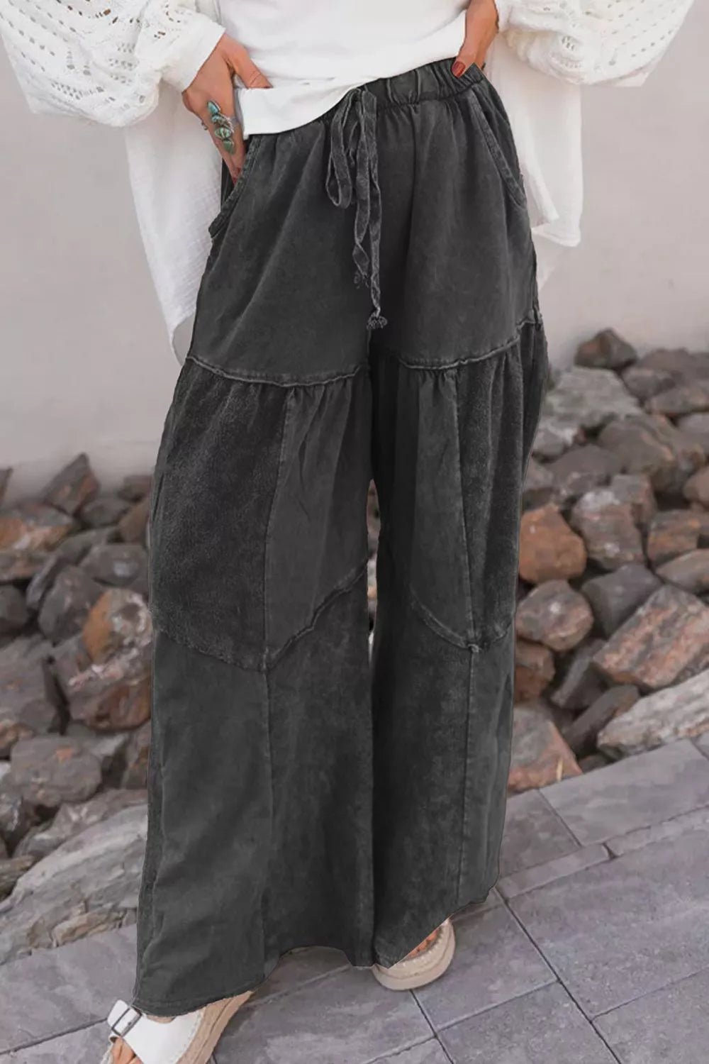 Mineral Wash Tiered Wide Leg Patchwork Drawstring Pants - MAD RUFFI