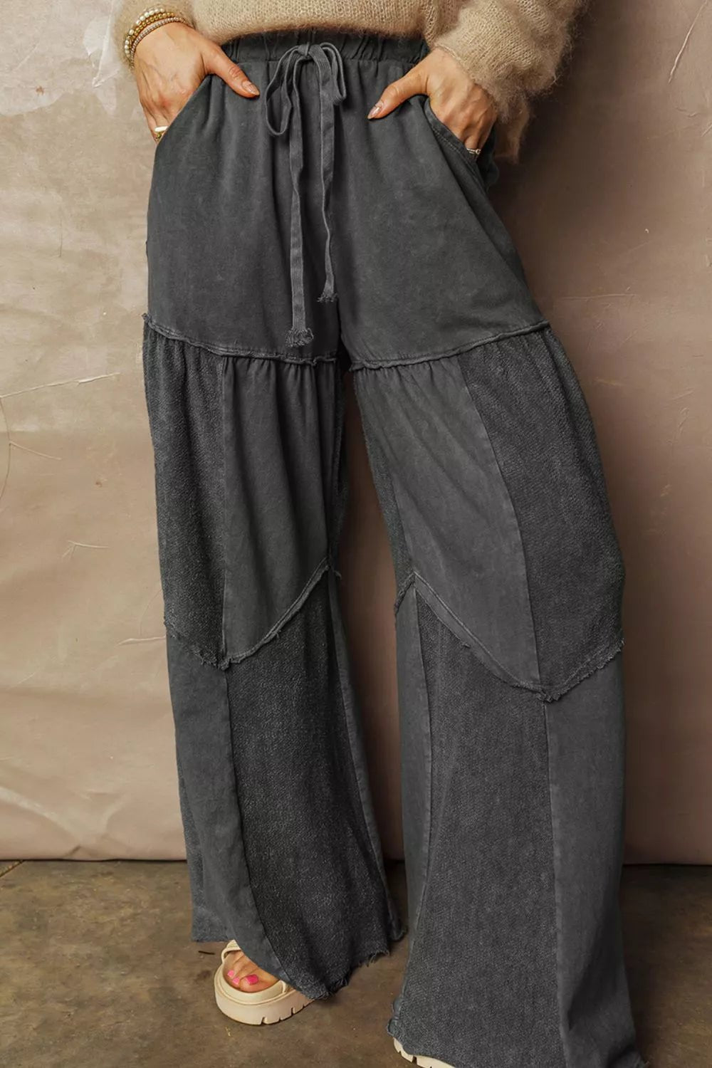 Mineral Wash Tiered Wide Leg Patchwork Drawstring Pants - MAD RUFFI