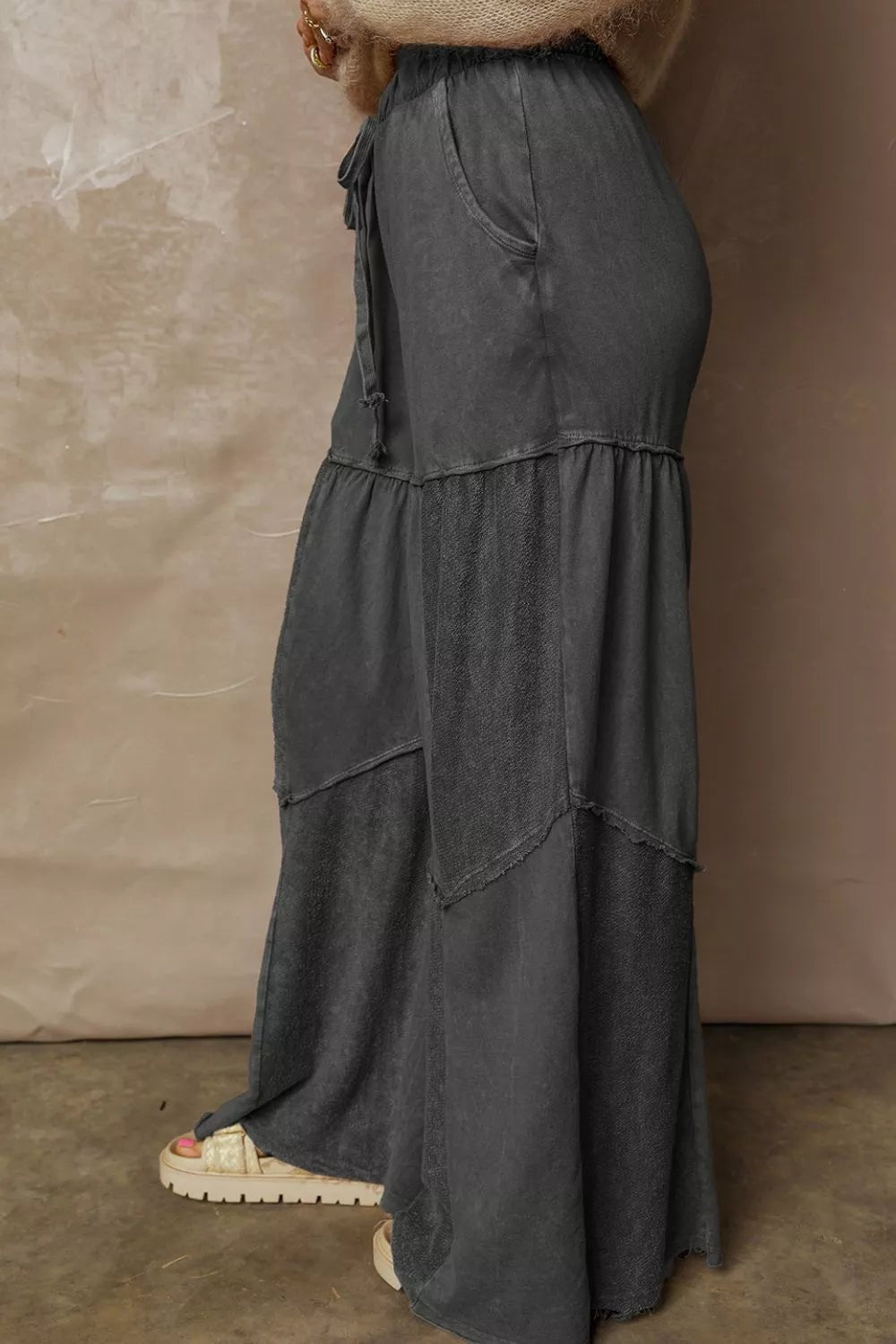 Mineral Wash Tiered Wide Leg Patchwork Drawstring Pants - MAD RUFFI