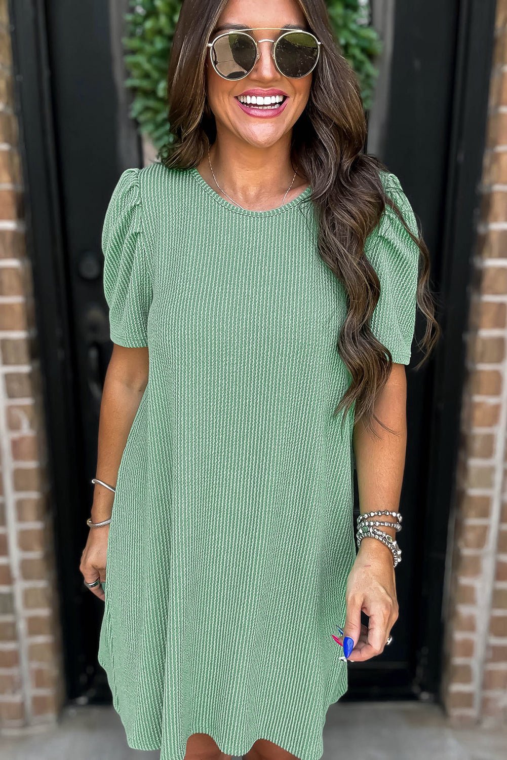 Mint Green Corded Crew Neck Puff Sleeve Mini Dress - MAD RUFFI