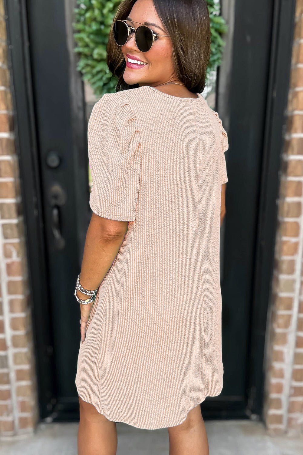 Mint Green Corded Crew Neck Puff Sleeve Mini Dress - MAD RUFFI
