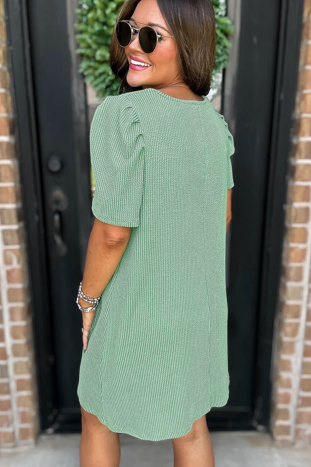 Mint Green Corded Crew Neck Puff Sleeve Mini Dress - MAD RUFFI