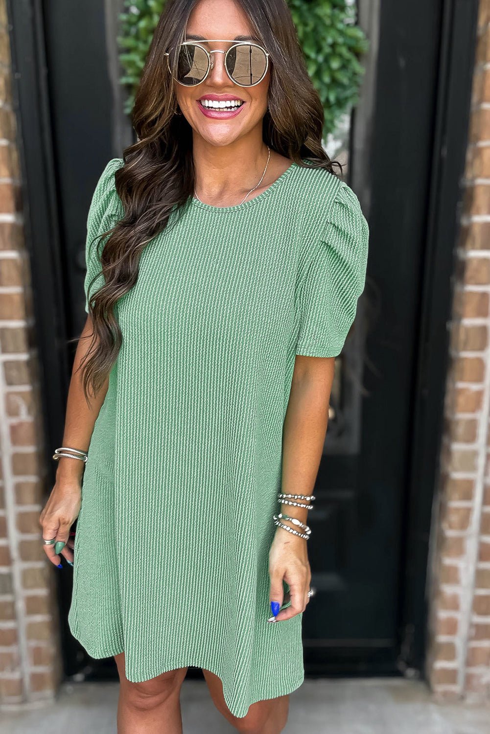 Mint Green Corded Crew Neck Puff Sleeve Mini Dress - MAD RUFFI