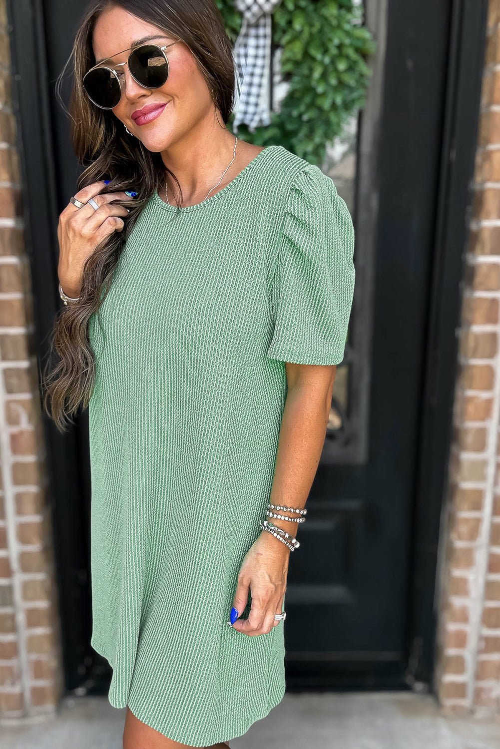 Mint Green Corded Crew Neck Puff Sleeve Mini Dress - MAD RUFFI