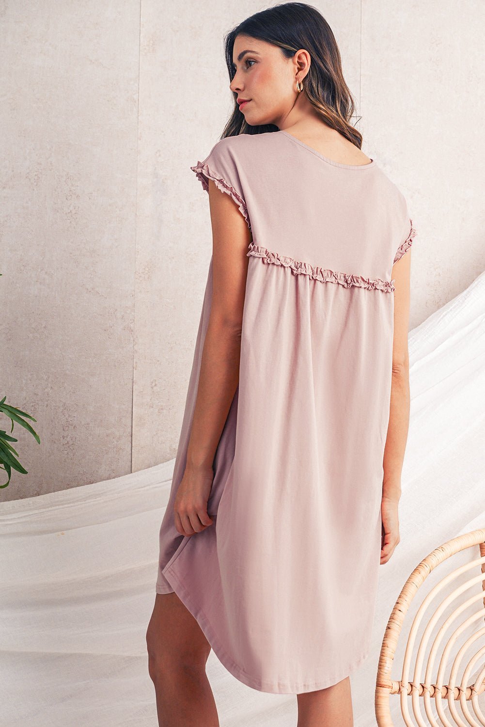 Mint Green Frilled Trim Crewneck Loose Fit Mini Dress - MAD RUFFI