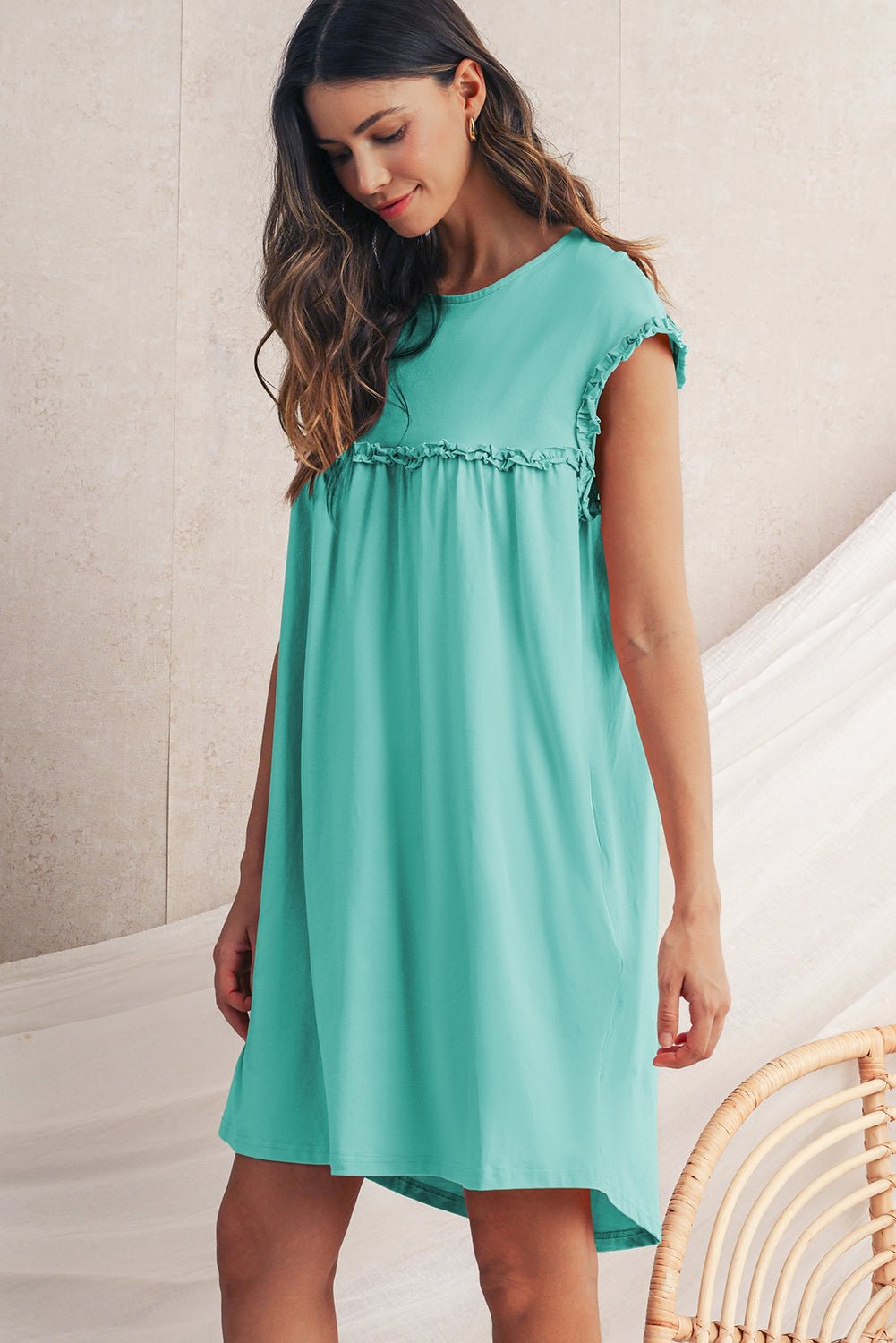 Mint Green Frilled Trim Crewneck Loose Fit Mini Dress - MAD RUFFI