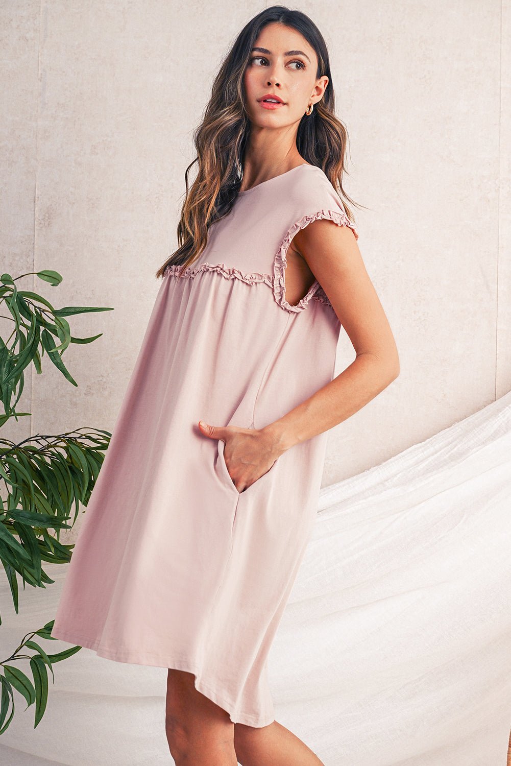 Mint Green Frilled Trim Crewneck Loose Fit Mini Dress - MAD RUFFI