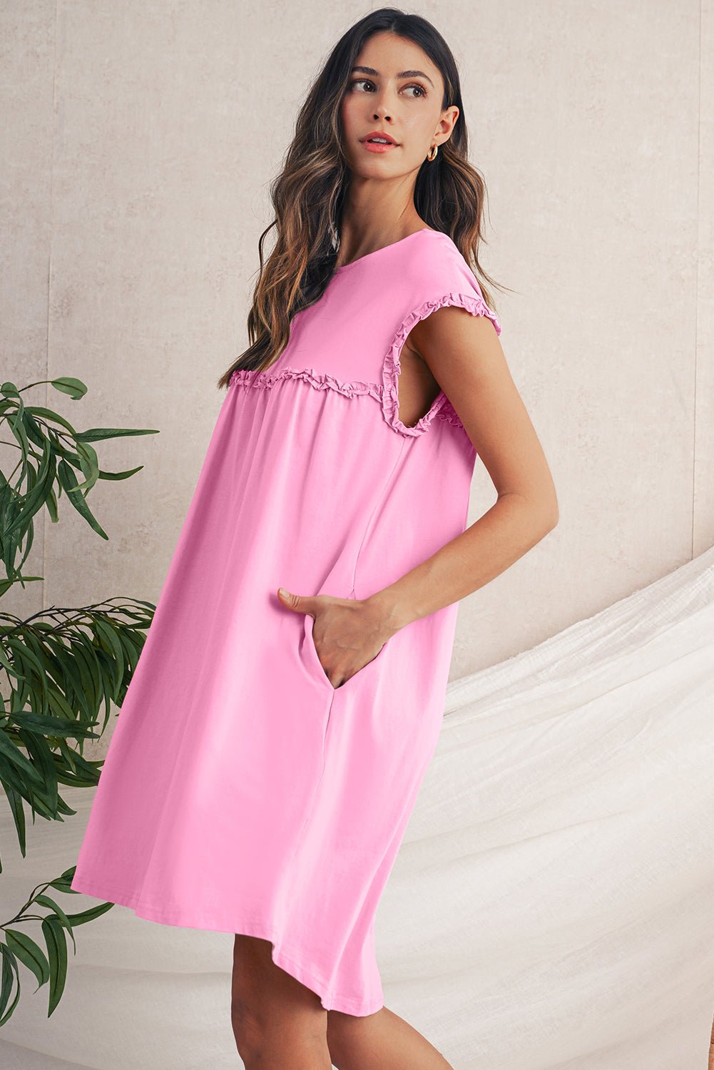 Mint Green Frilled Trim Crewneck Loose Fit Mini Dress - MAD RUFFI