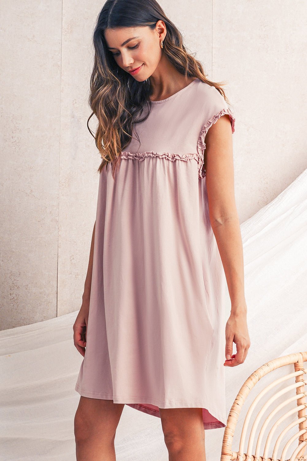 Mint Green Frilled Trim Crewneck Loose Fit Mini Dress - MAD RUFFI