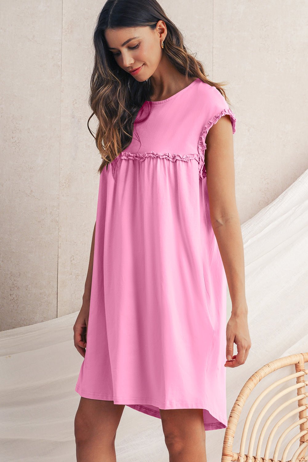 Mint Green Frilled Trim Crewneck Loose Fit Mini Dress - MAD RUFFI