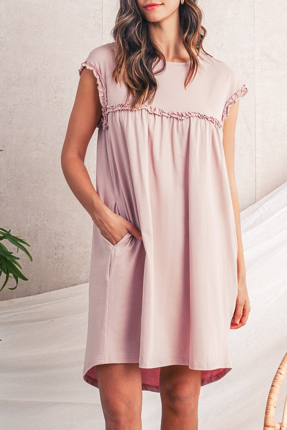 Mint Green Frilled Trim Crewneck Loose Fit Mini Dress - MAD RUFFI