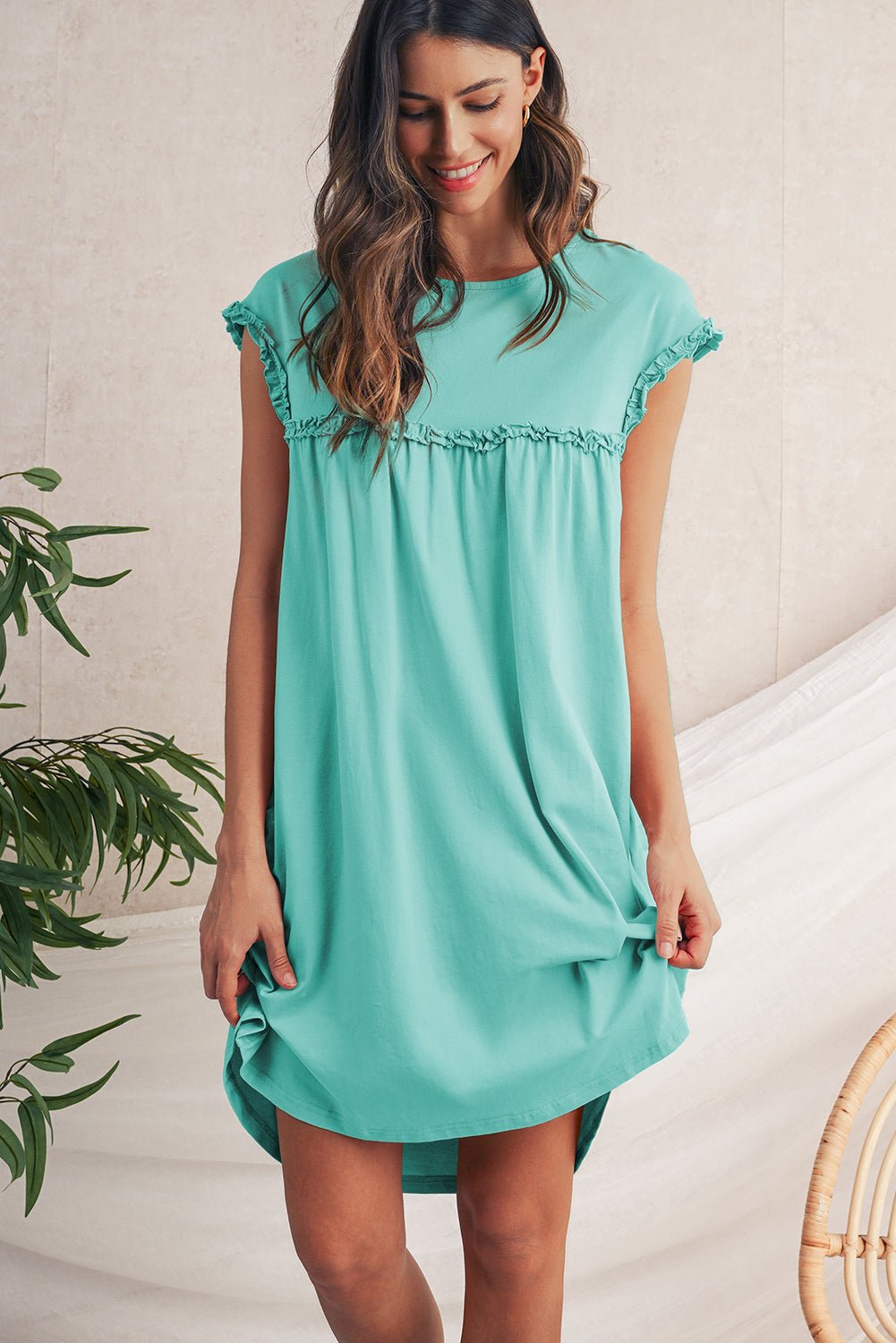 Mint Green Frilled Trim Crewneck Loose Fit Mini Dress - MAD RUFFI