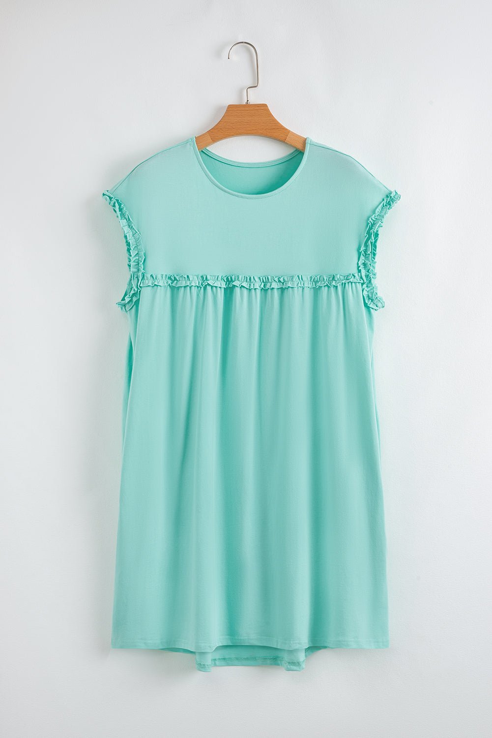 Mint Green Frilled Trim Crewneck Loose Fit Mini Dress - MAD RUFFI