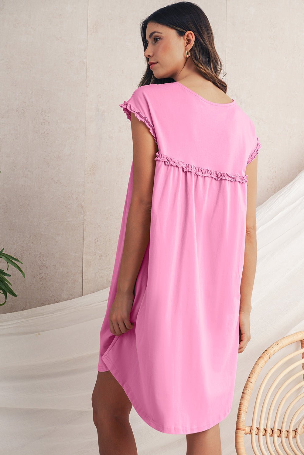 Mint Green Frilled Trim Crewneck Loose Fit Mini Dress - MAD RUFFI