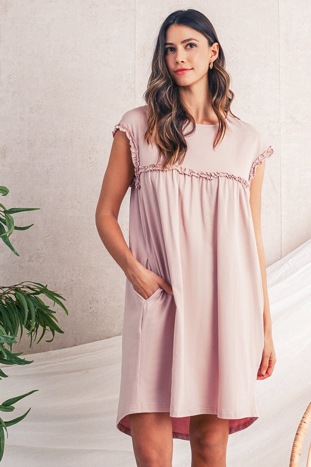 Mint Green Frilled Trim Crewneck Loose Fit Mini Dress - MAD RUFFI