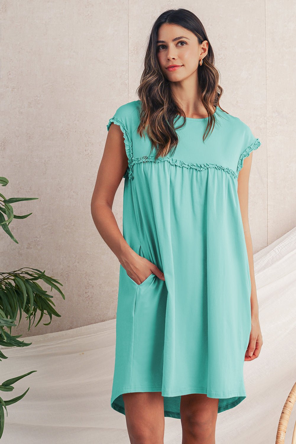 Mint Green Frilled Trim Crewneck Loose Fit Mini Dress - MAD RUFFI