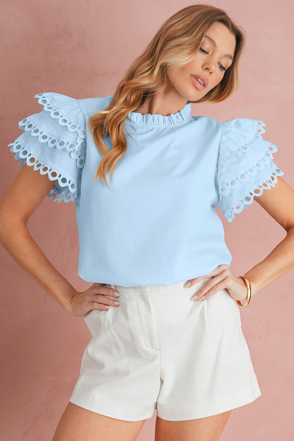 Mint Green Layered Ric Rac Cap Sleeve Filled Neck Blouse - MAD RUFFI
