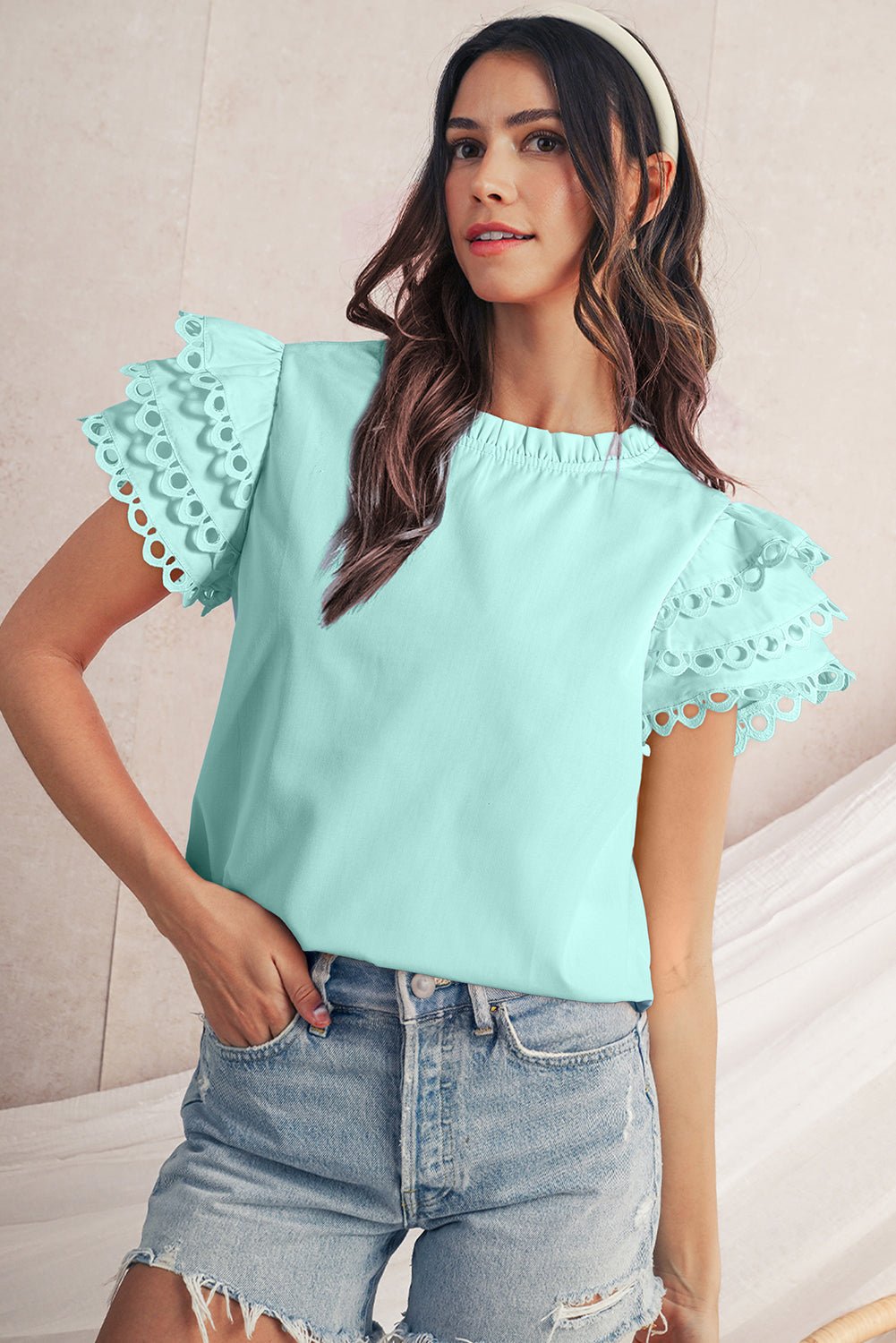 Mint Green Layered Ric Rac Cap Sleeve Filled Neck Blouse - MAD RUFFI