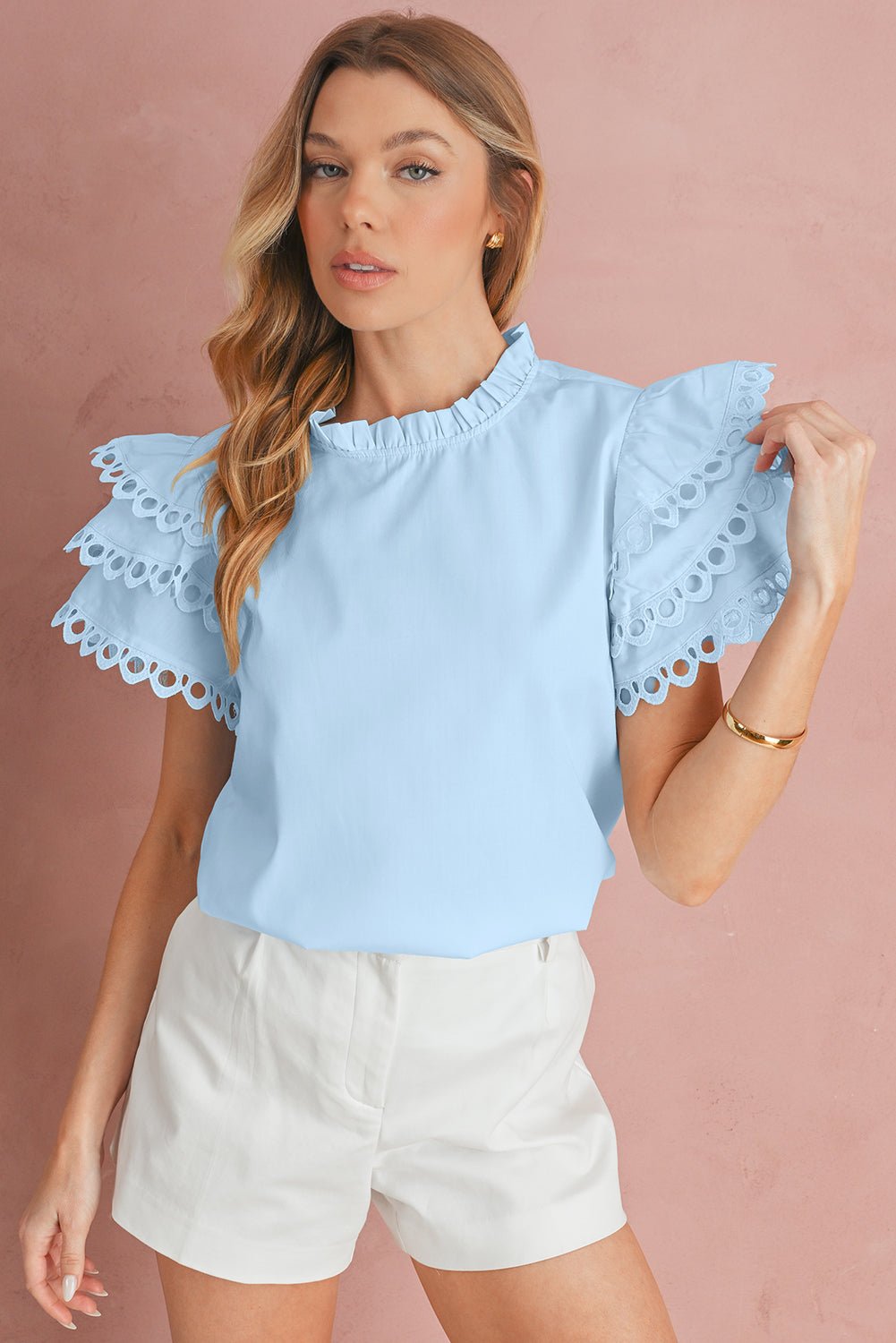 Mint Green Layered Ric Rac Cap Sleeve Filled Neck Blouse - MAD RUFFI