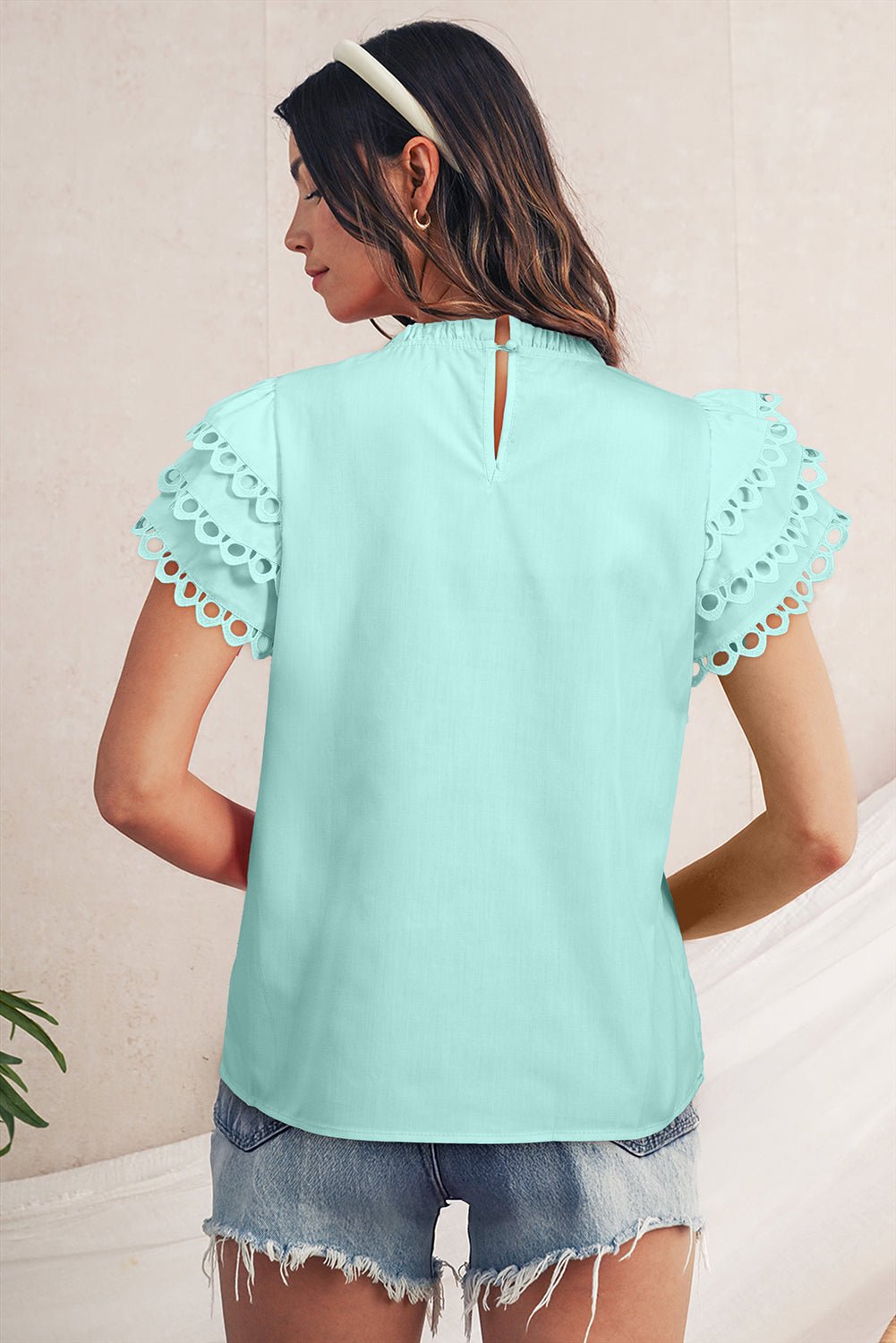 Mint Green Layered Ric Rac Cap Sleeve Filled Neck Blouse - MAD RUFFI