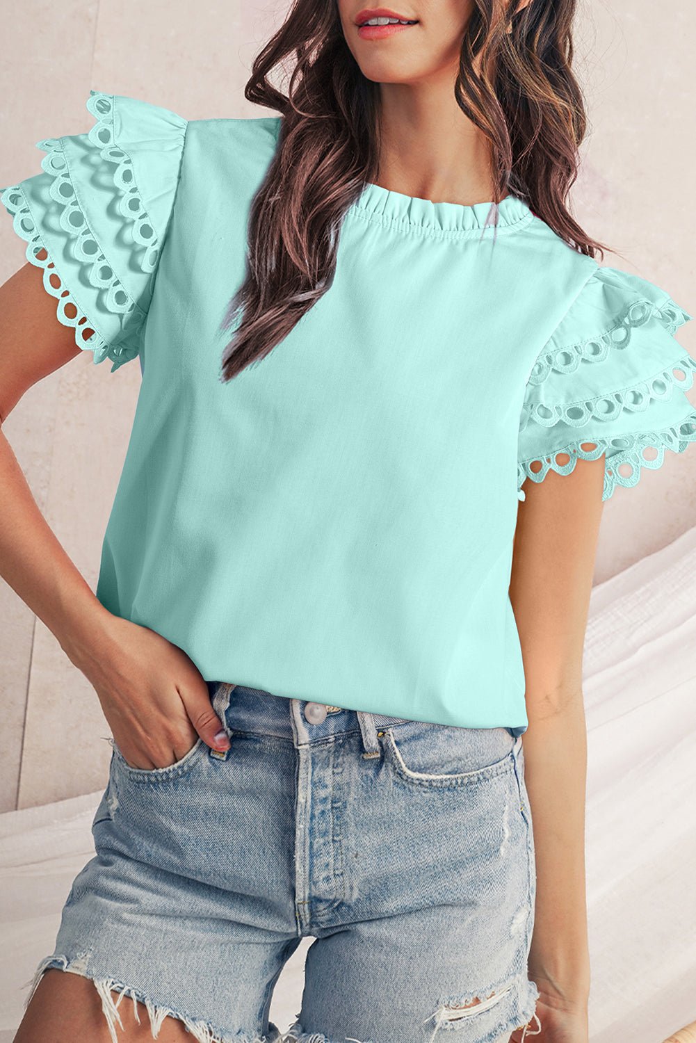 Mint Green Layered Ric Rac Cap Sleeve Filled Neck Blouse - MAD RUFFI