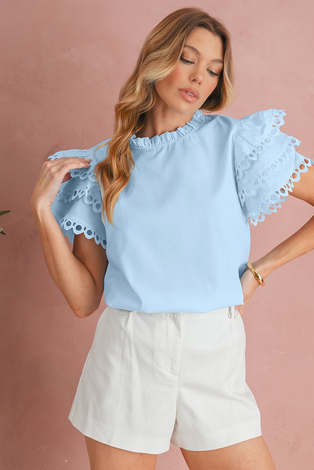 Mint Green Layered Ric Rac Cap Sleeve Filled Neck Blouse - MAD RUFFI