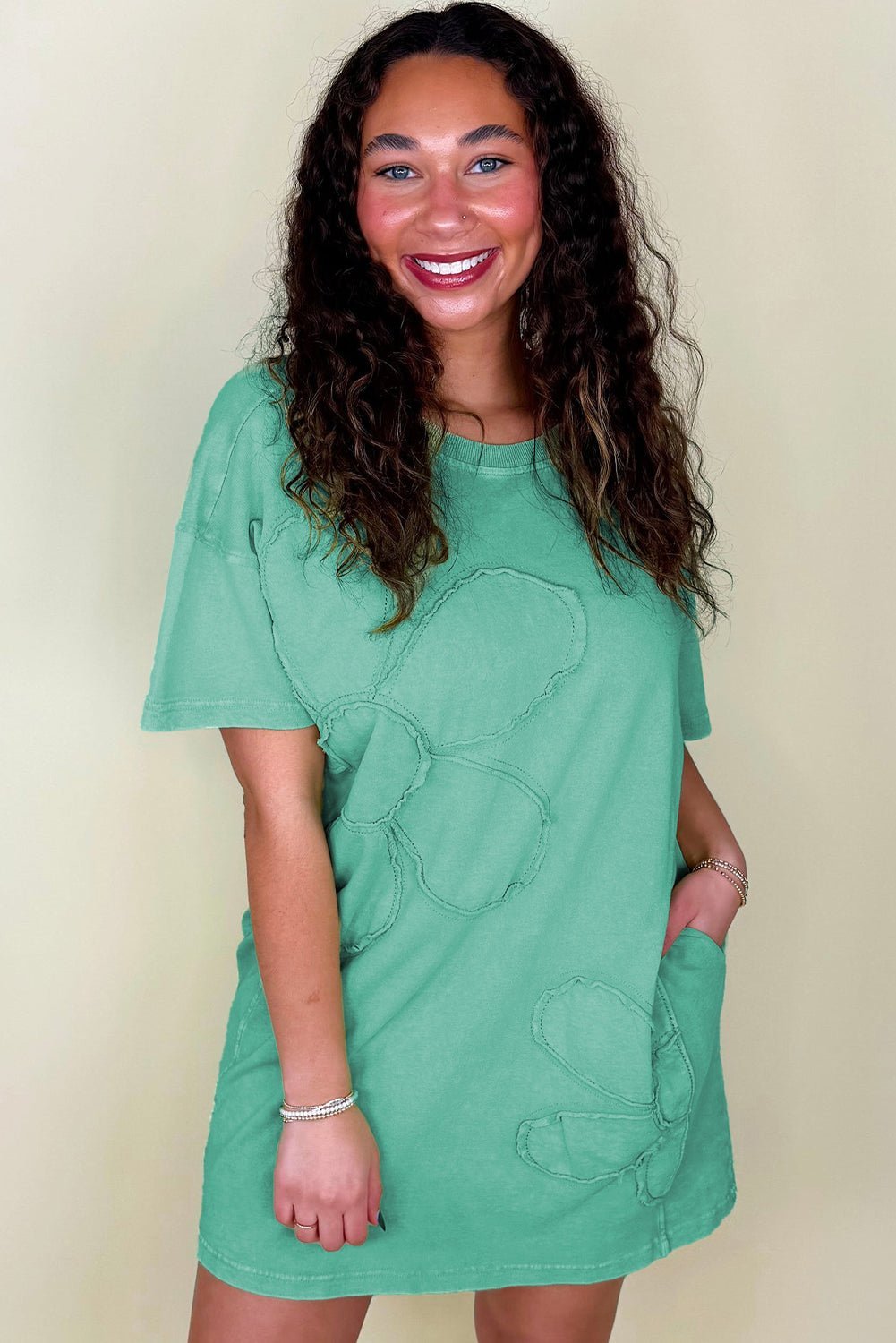 Mint Green Mineral Wash Flower Patchwork Mini T Shirt Dress - MAD RUFFI