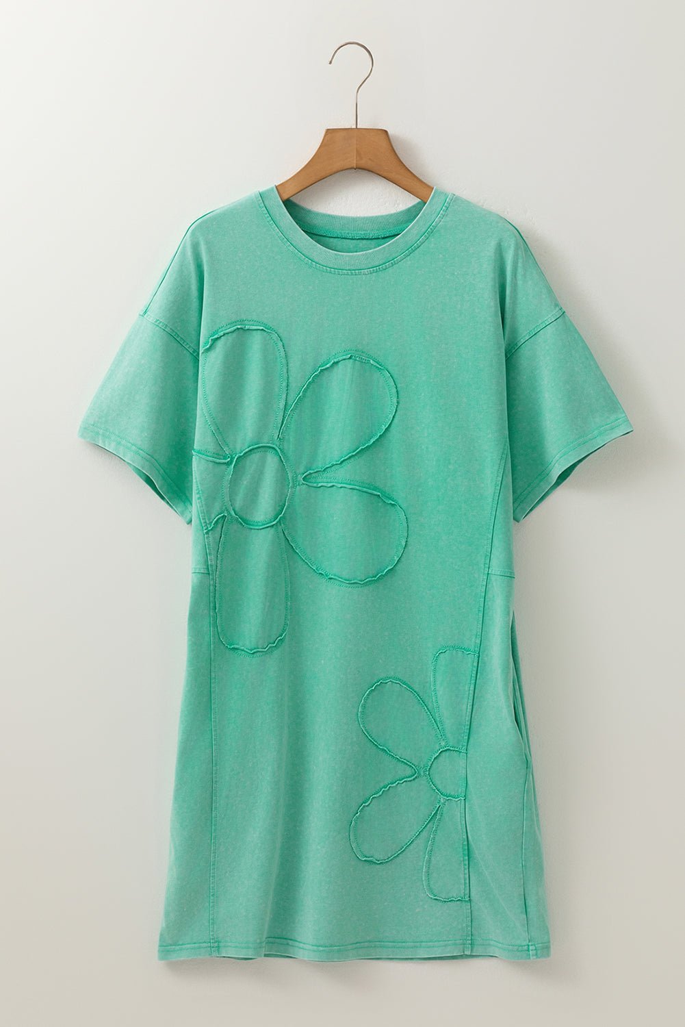 Mint Green Mineral Wash Flower Patchwork Mini T Shirt Dress - MAD RUFFI