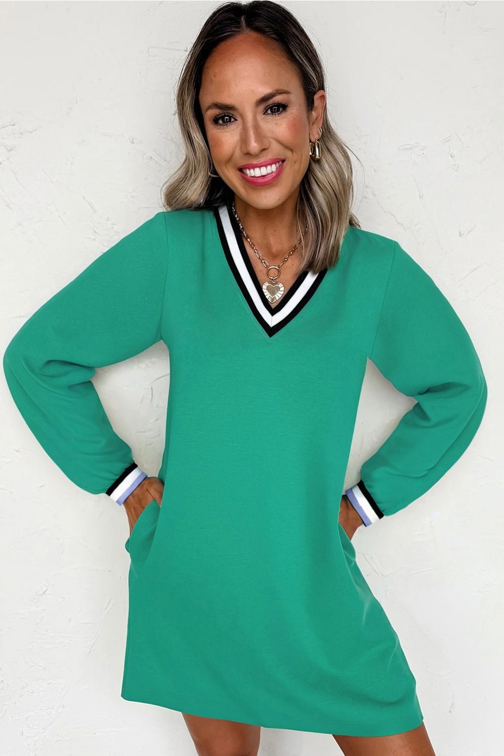 Mint Green Preppy Contrast Striped V Neck Long Sleeve T-shirt Dress - MAD RUFFI