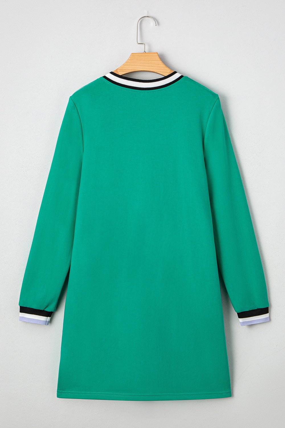 Mint Green Preppy Contrast Striped V Neck Long Sleeve T-shirt Dress - MAD RUFFI Mint Green Preppy Contrast Striped V Neck Long Sleeve T-shirt Dress - MAD RUFFI