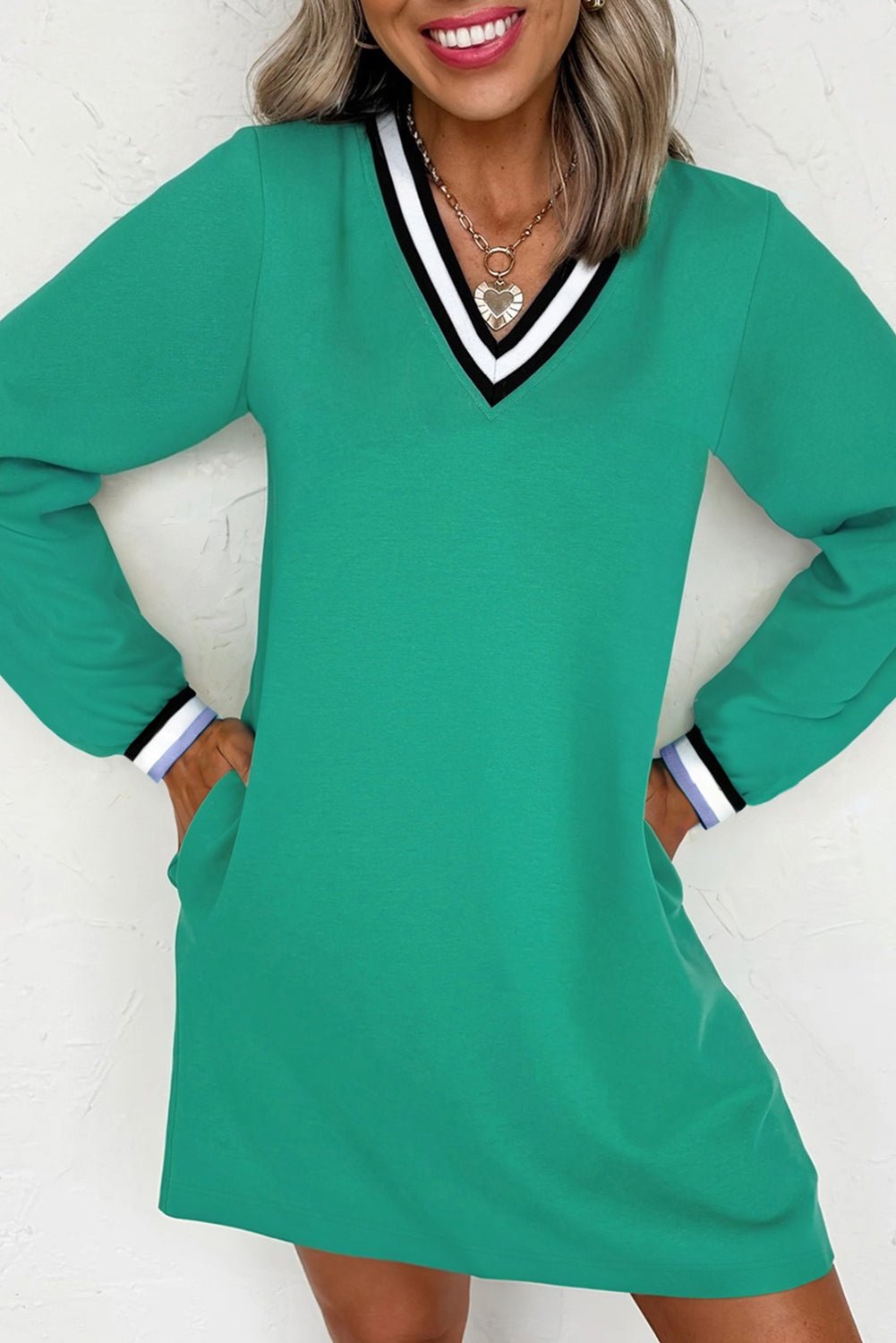 Mint Green Preppy Contrast Striped V Neck Long Sleeve T-shirt Dress - MAD RUFFI